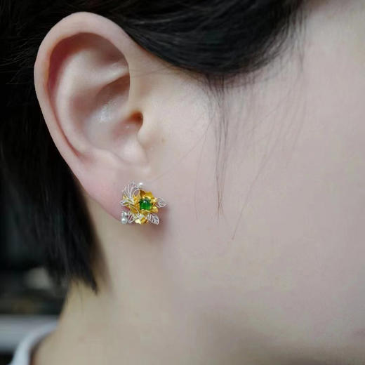 龢盒原创 18k牡丹花翡翠珍珠两用款耳坠 耳环 商品图2