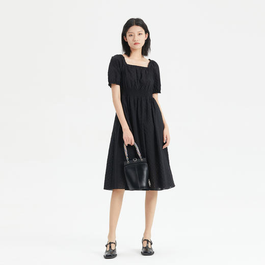 谜底小清新连衣裙短袖2023夏新款方领收腰气质中长裙女236ML7093 商品图1