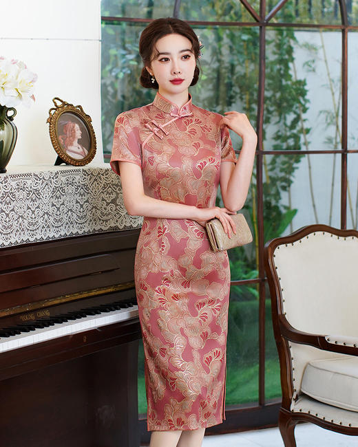 2023年新中长款双层日常旗袍复古修身仿香云纱烫金旗袍MX-40072 商品图3