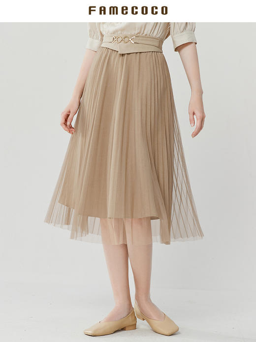 Famecoco范可儿不对称腰封网纱半身裙夏优雅A字百褶裙女FAB3HA002 商品图2