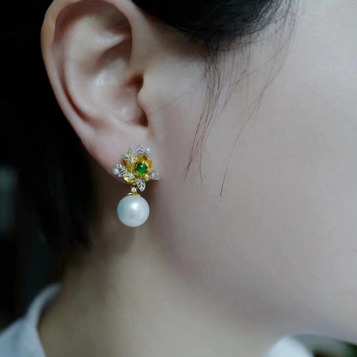 龢盒原创 18k牡丹花翡翠珍珠两用款耳坠 耳环 商品图3