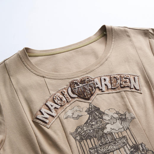 谜底2023夏新款圆领印花短袖连衣裙文艺修身中长裙伞裙232ML0532 商品图3