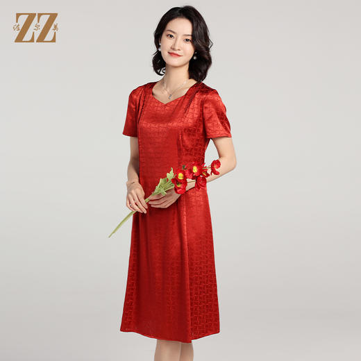 佐尔美夏季新款 弹力桑蚕丝真丝短袖喜庆婚宴连衣裙女E22LS57 商品图1