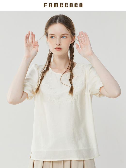 Famecoco范可儿泡泡袖上衣女温柔甜美新款夏季白色套头衬衣FAB3BD013 商品图3