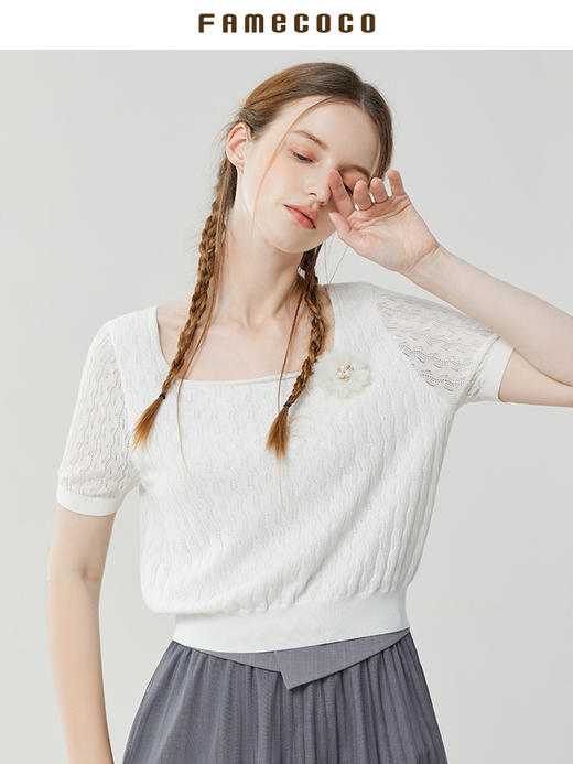 Famecoco范可儿短款低领针织衫女夏季新款短袖方领镂空上衣FAB3DB004 商品图2