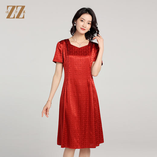佐尔美夏季新款 弹力桑蚕丝真丝短袖喜庆婚宴连衣裙女E22LS57 商品图2