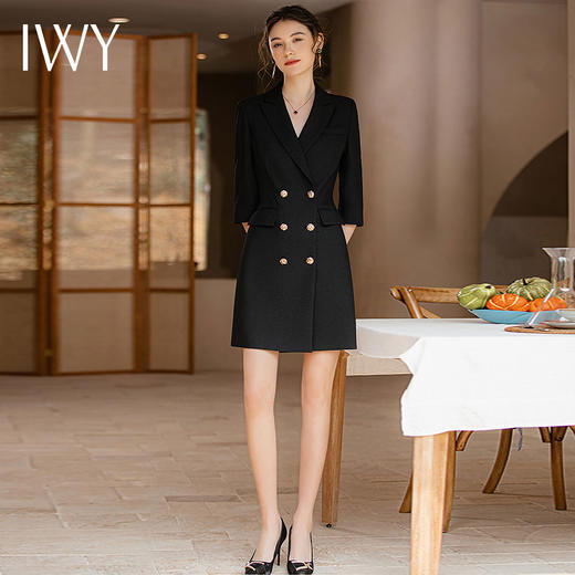 IWY/黑色连衣裙女西装领收腰显瘦高端大气2023夏季薄款职场经理工装Q902 商品图2
