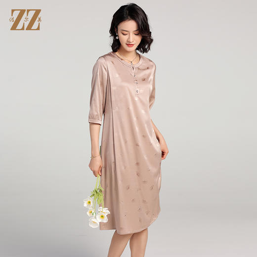 佐尔美夏季新款 桑蚕丝真丝提花缎中袖连衣裙女E22LS54 商品图1