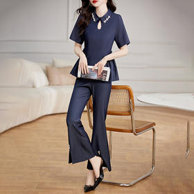 夏季新款，牛仔套装女简约时尚镂空上衣搭喇叭裤纯色两件套HR-WG23259