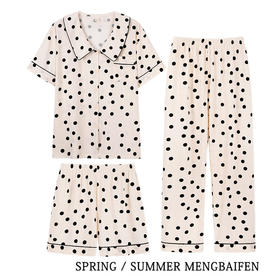 「三件套！简约丝滑材质」2023年夏季新款大码波点三件套 短袖长裤睡衣女家居服上衣裤子