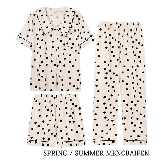 「三件套！简约丝滑材质」2023年夏季新款大码波点三件套 短袖长裤睡衣女家居服上衣裤子 商品图0