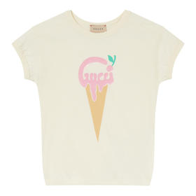 GUCCI 古驰 女童象牙白棉质GGlogo圆领短袖T恤 718008XJE39