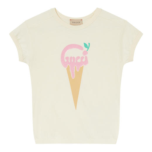 GUCCI 古驰 女童象牙白棉质GGlogo圆领短袖T恤 718008XJE39 商品图0