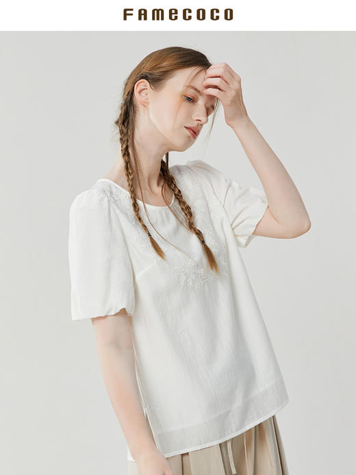 Famecoco范可儿泡泡袖上衣女温柔甜美新款夏季白色套头衬衣FAB3BD013 商品图1
