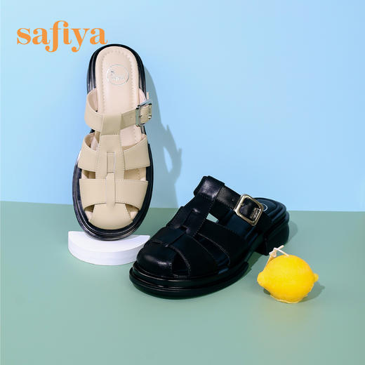 Safiya/索菲娅2023夏季新品复古镂空编织包头休闲厚底罗马凉拖 SF32110051 商品图3