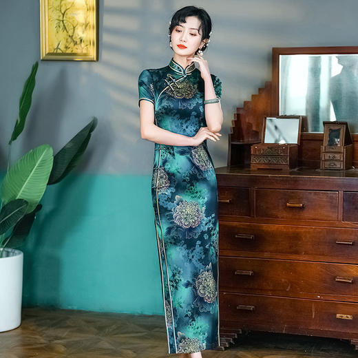 WX新款改良春夏季真丝长款旗袍女桑蚕丝 商品图0