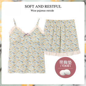 「两件套！三款配色」吊带性感睡衣 女夏天薄款带胸垫夏季小碎花甜美女士家居服上衣裤子