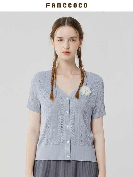 Famecoco范可儿钩织风针织上衣女夏季天丝短袖薄款打底衫FAB3DA002 商品图1