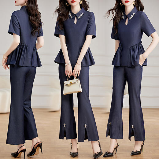 夏季新款，牛仔套装女简约时尚镂空上衣搭喇叭裤纯色两件套HR-WG23259 商品图5