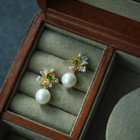 龢盒原创 18k牡丹花翡翠珍珠两用款耳坠 耳环