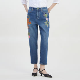 谜底2023夏季新款复古特色绣花萝卜裤百搭九分牛仔裤女232MK0684