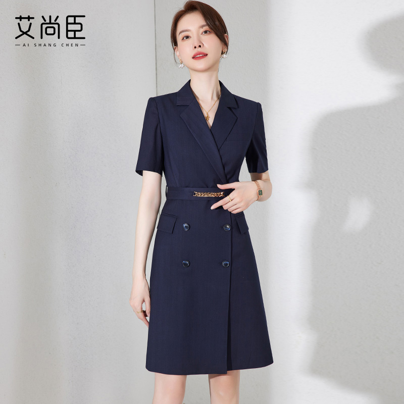 高端职业洋装女2023夏季新款藏青色短袖西装裙薄款通勤气质正装