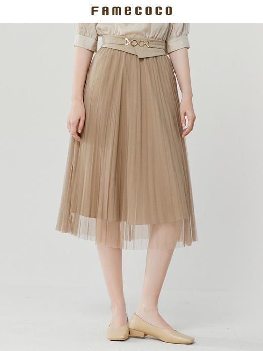 Famecoco范可儿不对称腰封网纱半身裙夏优雅A字百褶裙女FAB3HA002 商品图3