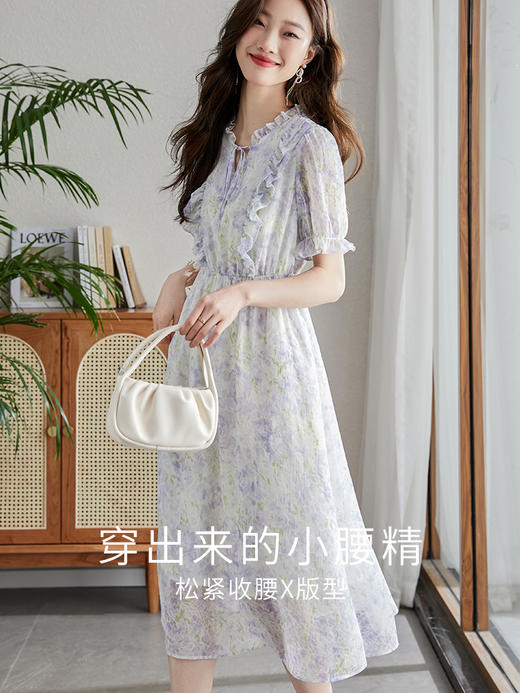 【专属特价】熙世界【北野花雾】荷叶泡泡袖碎花连衣裙女夏季气质收腰雪纺裙子 商品图2