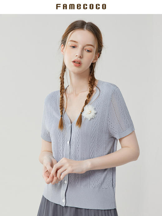 Famecoco范可儿钩织风针织上衣女夏季天丝短袖薄款打底衫FAB3DA002 商品图2