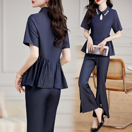 夏季新款，牛仔套装女简约时尚镂空上衣搭喇叭裤纯色两件套HR-WG23259 商品图3