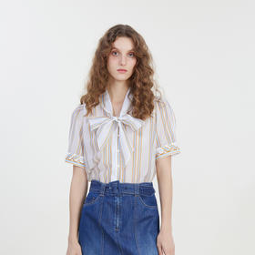 谜底2023夏新款通勤OL风条纹衬衫修身系带V领衬衣短袖女232MC0571
