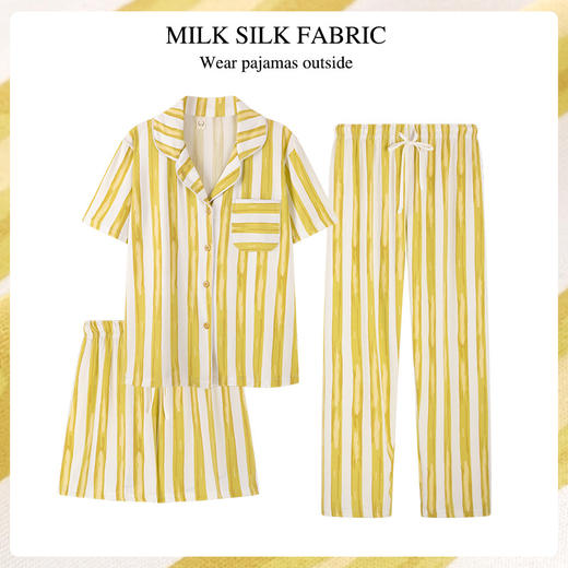 「三件套！三款配色」夏季黄色条纹睡衣 女短袖短裤翻领三件套 家居服装可外穿上衣裤子 商品图3