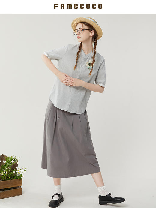 famecoco范可儿纯棉格子衬衫女夏款文艺绣花半袖套头衫FAB3BD015 商品图4