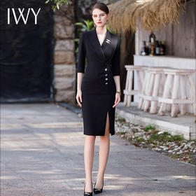 IWY/西装连衣裙女开叉设计2023夏季新款黑色高级感修身气质名媛工装裙Q640