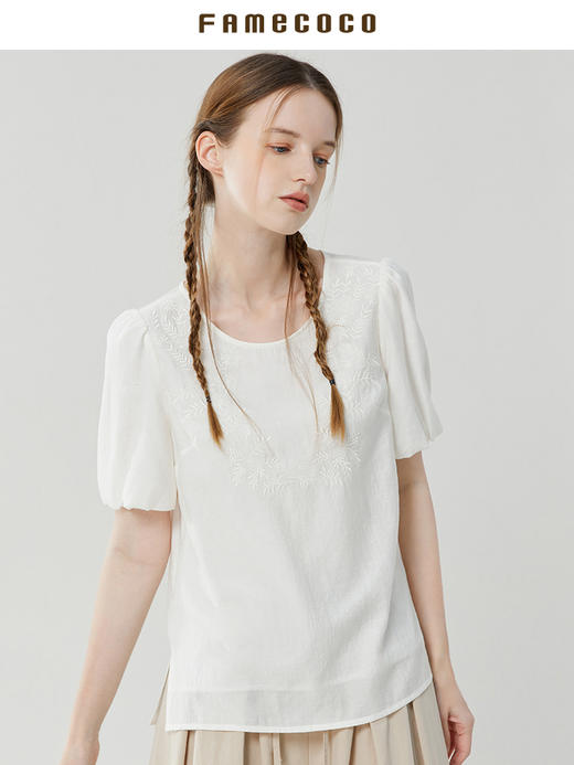 Famecoco范可儿泡泡袖上衣女温柔甜美新款夏季白色套头衬衣FAB3BD013 商品图2