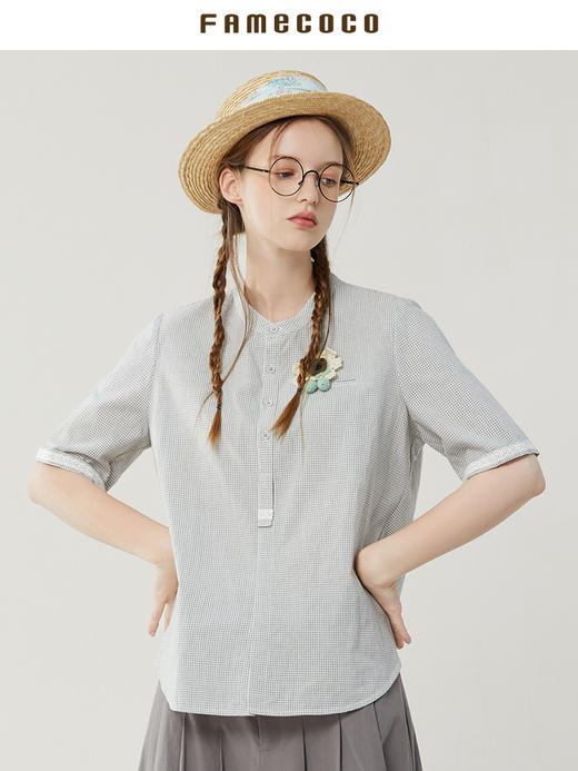 famecoco范可儿纯棉格子衬衫女夏款文艺绣花半袖套头衫FAB3BD015 商品图2