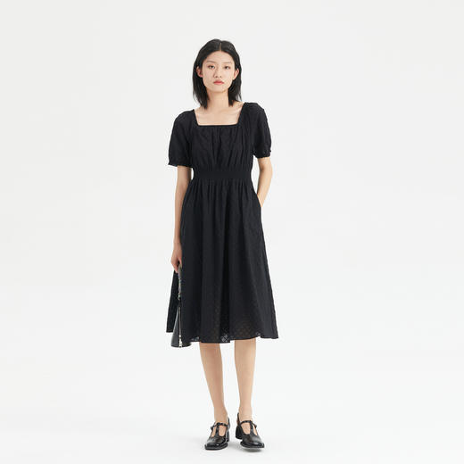 谜底小清新连衣裙短袖2023夏新款方领收腰气质中长裙女236ML7093 商品图0