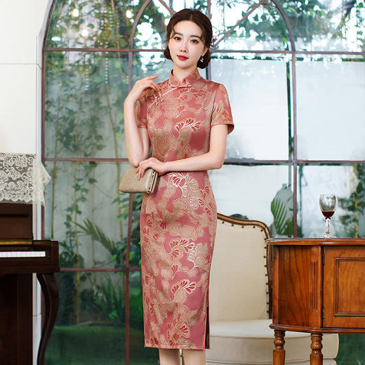 2023年新中长款双层日常旗袍复古修身仿香云纱烫金旗袍MX-40072 商品图1