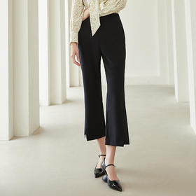 玳莎微喇叭裤女春秋高腰显瘦黑色涤纶绉修身九分开叉西装休闲裤   AC36302