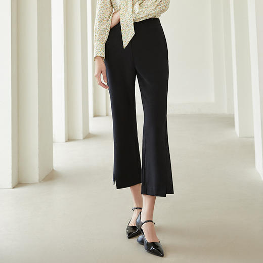 玳莎微喇叭裤女春秋高腰显瘦黑色涤纶绉修身九分开叉西装休闲裤   AC36302 商品图0