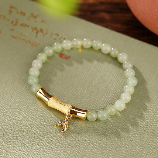 S925银镀金，和田玉青玉百搭竹节竹叶手链初春气质手串CW-SL11520 商品图0