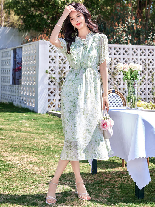 【专属特价】熙世界【北野花雾】荷叶泡泡袖碎花连衣裙女夏季气质收腰雪纺裙子 商品图4