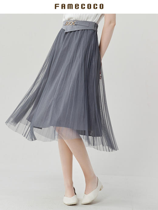 Famecoco范可儿不对称腰封网纱半身裙夏优雅A字百褶裙女FAB3HA002 商品图1