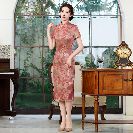 2023年新中长款双层日常旗袍复古修身仿香云纱烫金旗袍MX-40072 商品图0