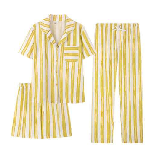 「三件套！三款配色」夏季黄色条纹睡衣 女短袖短裤翻领三件套 家居服装可外穿上衣裤子 商品图4