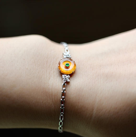 玻璃种芬达色黄翡平安扣手链18k白金钻石镶嵌 商品图9