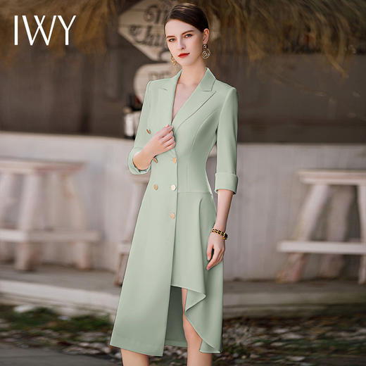 IWY/夏季新款绿色连衣裙女高端设计感西装领修身显瘦显白轻薄透气Q862-G 商品图2
