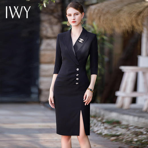 IWY/西装连衣裙女开叉设计2023夏季新款黑色高级感修身气质名媛工装裙Q640 商品图1