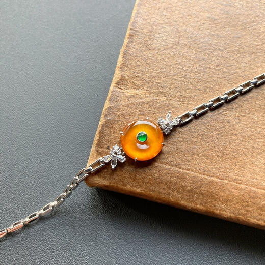 玻璃种芬达色黄翡平安扣手链18k白金钻石镶嵌 商品图0