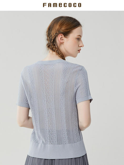 Famecoco范可儿钩织风针织上衣女夏季天丝短袖薄款打底衫FAB3DA002 商品图3